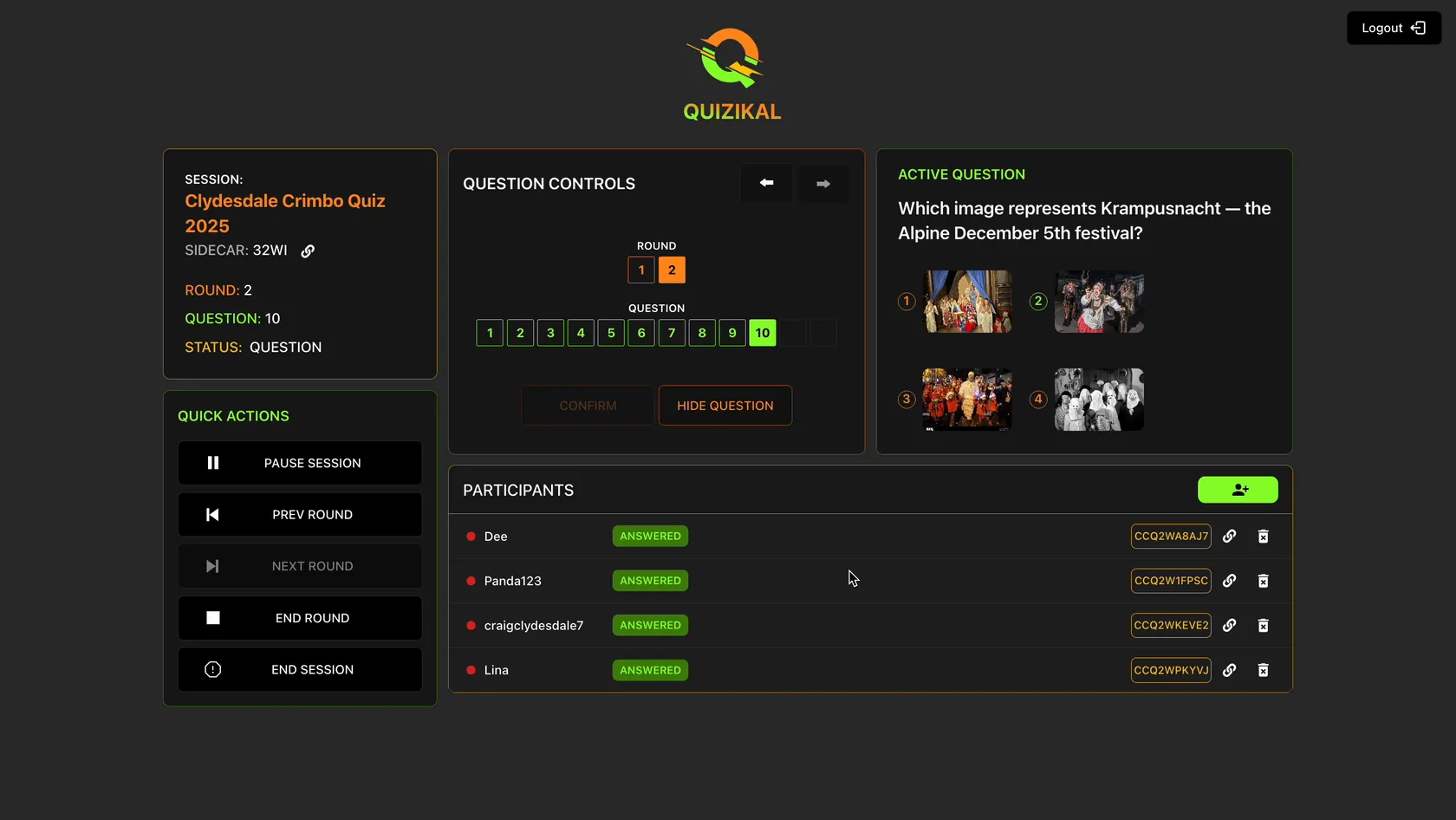 QUIZIKAL host control panel — a dark session dashboard with round and question controls, quick actions to pause or advance, an active image question, and a live list of participants with answer-status bars.